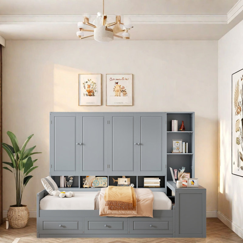 Multi-Functional Daybed with Desk, Shelves, Cabinets and Drawers, Space-Saving Bed Frame with Storage, Reversible Layout, Wood Frame for Bedroom, Apartment, Home Office