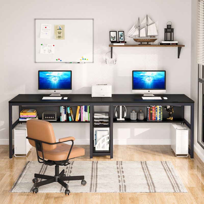 Black Double Workstation Desk with Shelves for Two