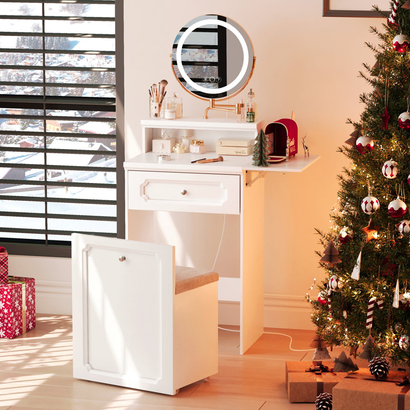 Bureau de coiffeuse blanc avec miroir rond et lumières, table de chevet 2 en 1, coiffeuse avec fauteuil