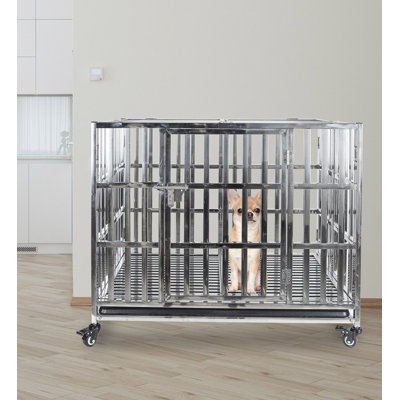 Stackable Stainless Steel Dog Crate Heavy Duty Pet Kennel Foldable Indestructible Dog Cage Playpen with Lockable Rolling Wheels, Double Door and Removable Tray