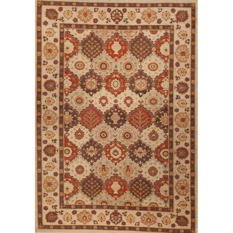 Tapis unique en laine noué à la main brun / beige / rouge de 6 pi x 9 pi