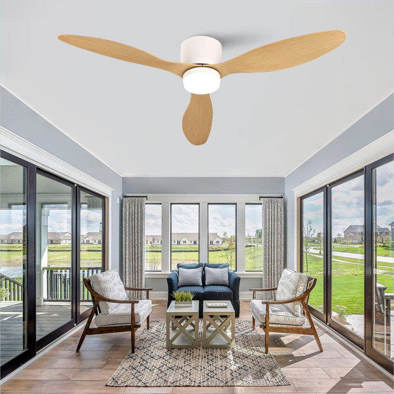Ventilateur de plafond de 52 pouces avec lumière en blanc doux, ultra-mince encastré, pales en ABS, télécommande, moteur à courant continu, résistant à l'humidité