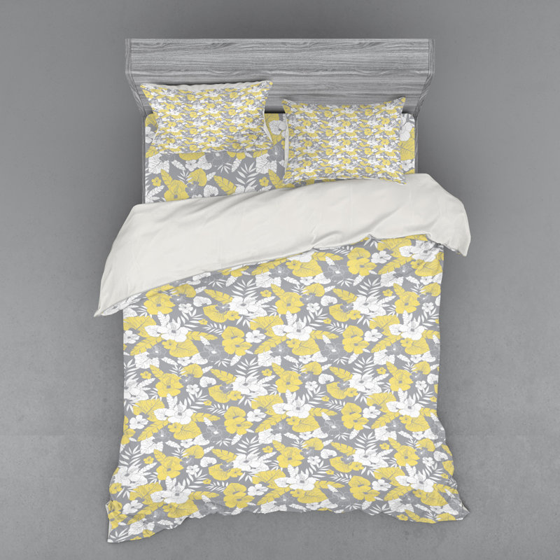 Ensemble de housse de couette en microfibre jaune / gris, Housse de couette grand + 3 pièces supplémentair