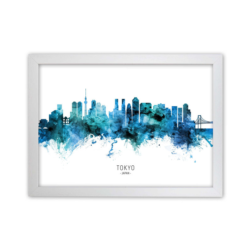 Tokyo Japan Skyline Blue City Name by Michael Tompsett - Print, 34cm H x 46cm W x 3cm D, White Framed