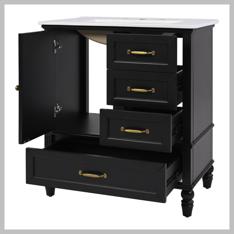 Meuble-lavabo de 30 po avec lavabo, armoire de salle de bain avec porte, trois tiroirs, pieds en bois massif et panneau de fibres à densité moyenne, patins réglables, noir