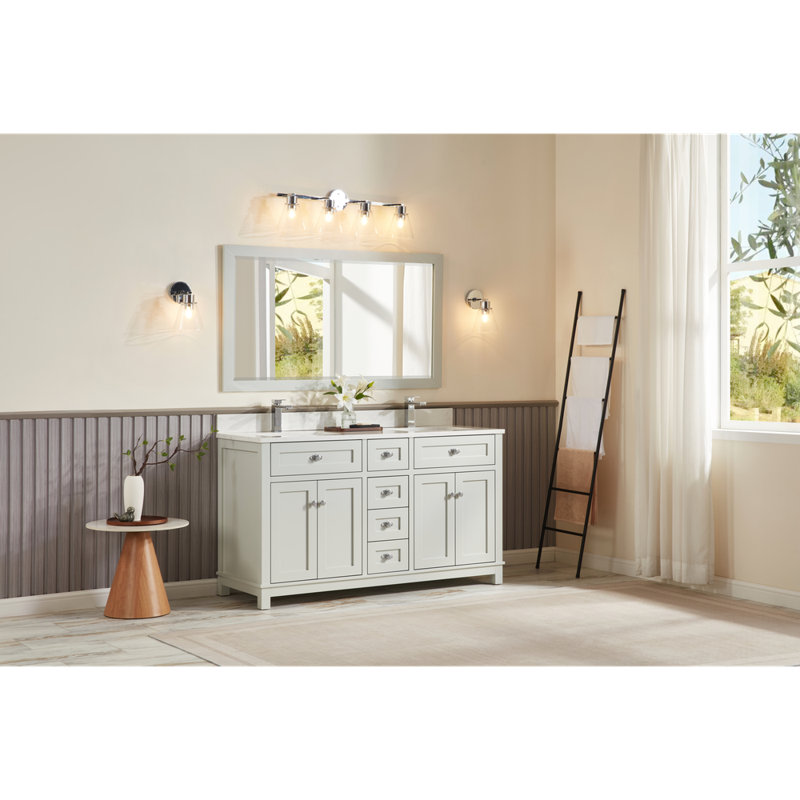 60" Finish Solid Wood Sink Vanity With 1' Artificial Stone Top, Silver Strand, Polished Chrome