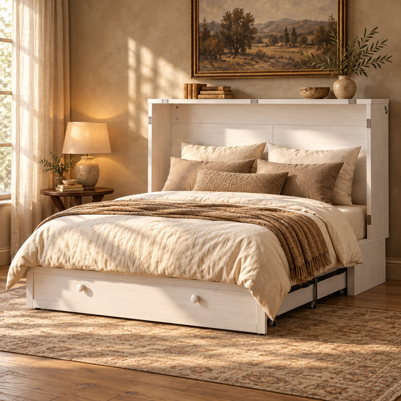  Grand lit escamotable Murphy avec station de charge et tiroirs de rangement, blanc, Blanc