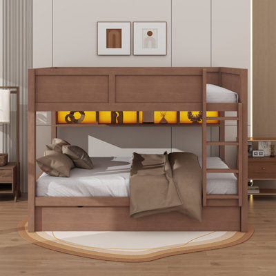 Lit superposé avec tiroirs, lit superposé en bois avec armoires de rangement et lumières DEL