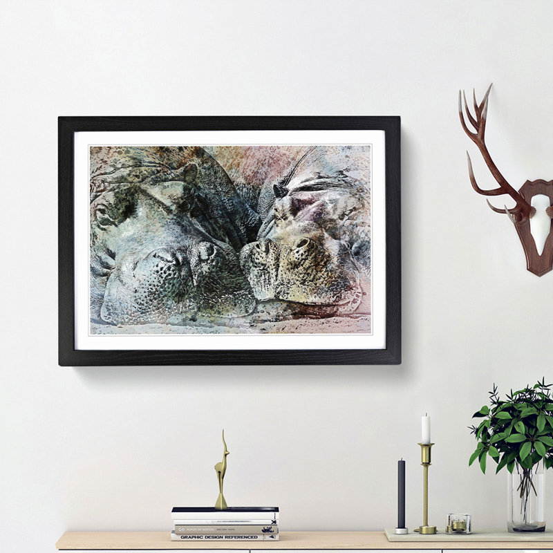 Pair of Sleeping Hippos in Abstract - Picture Frame Graphic Art Print, Black Framed, 48cm H x 65cm W x 2cm D