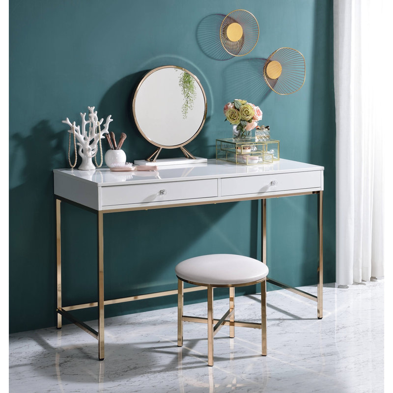 High Gloss Contemporary Vanity Desk, Rectangular Shape, 2 Drawers, Gold Electroplated Leg Base, 47" Width Desk Of Gloss, Finish, Metal Legs, Style, X 20" 31