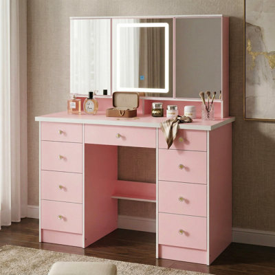 Bureau de maquillage avec miroir pliable et lumières réglables