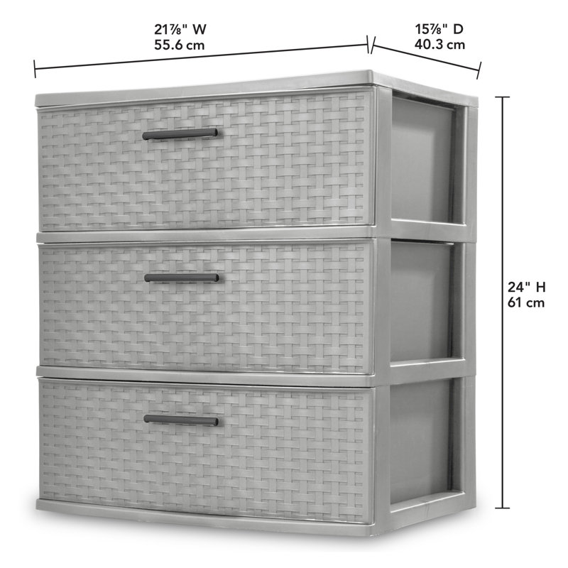 Sterilite 3 Drawer Wide Storage Tower, Plastic Weave Organizer, Cement, 4 Pack