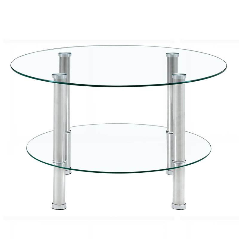 Contemporary Minimalist Double Layer Tempered Glass Coffee Table, Silver