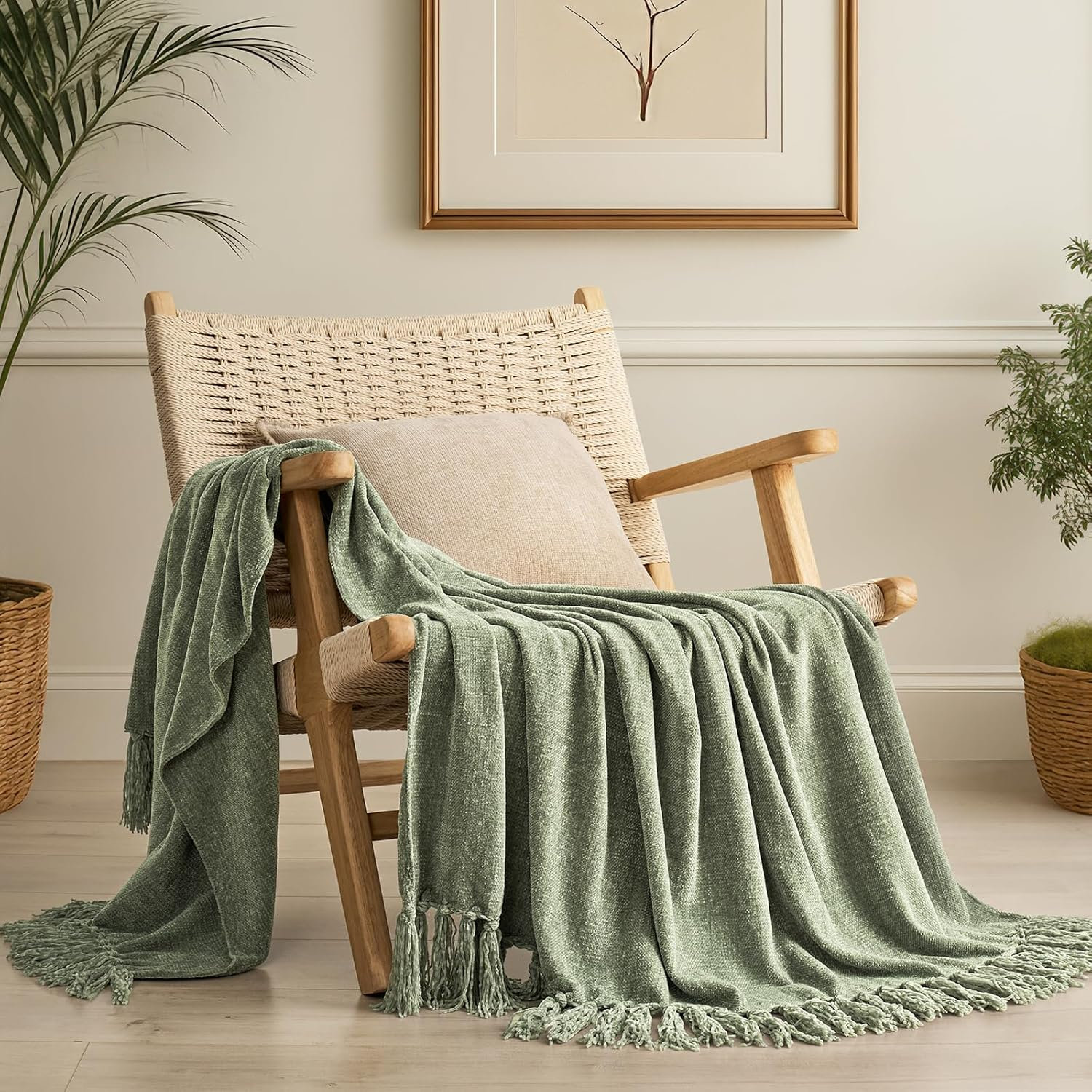 Chenille Throw Blanket, 60" L x 50" W, Sage Green