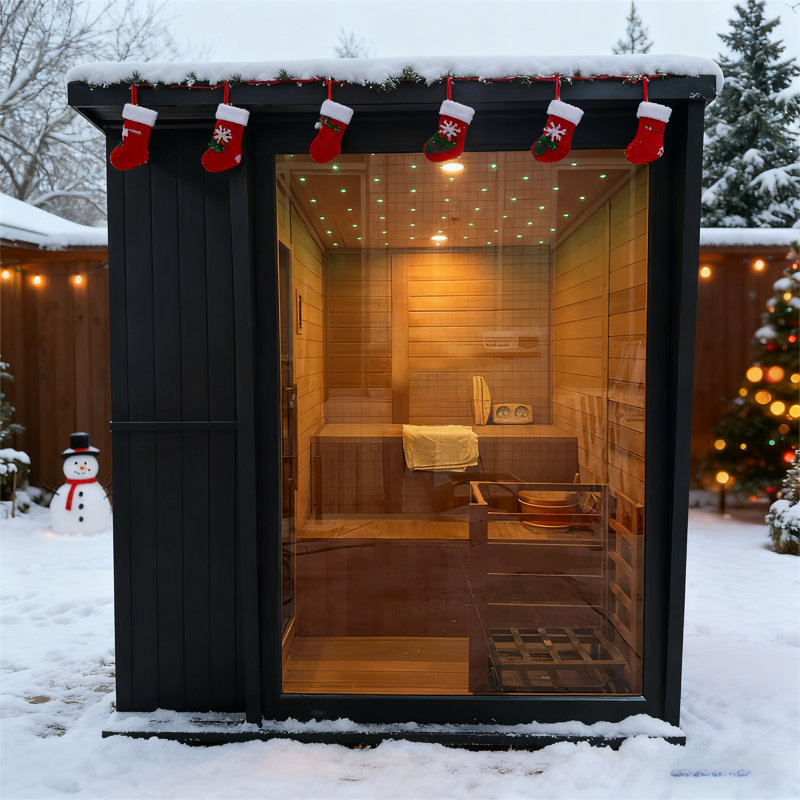 Outdoor 4-6 Person Square Traditional Steam Sauna, Canadian Red Cedar Interior, Hemlock Exterior, Large Tinted Viewing Glass Window