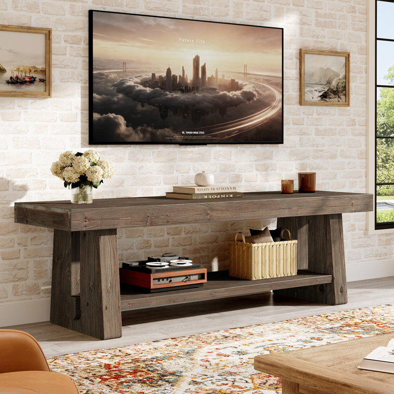 Meuble télé 63 po en bois massif, centre de divertissement de ferme à 2 niveaux avec tablettes de rangement ouvertes