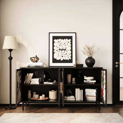 Rangement d'art vitré 60,3 po avec porte en verre tropical, style américain pour la salle à manger, plusieurs portes fermées, portes d'armoire de 60,3 po, décor de pièce, compartiments, structure