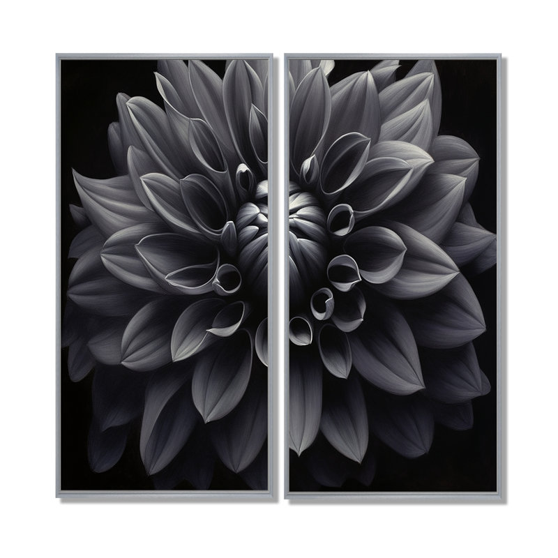 Palette de jardin noir et blanc Dahlia I - art mural noir 2 panneaux, H 20 po x l 24 po, Impression encadrée flottante