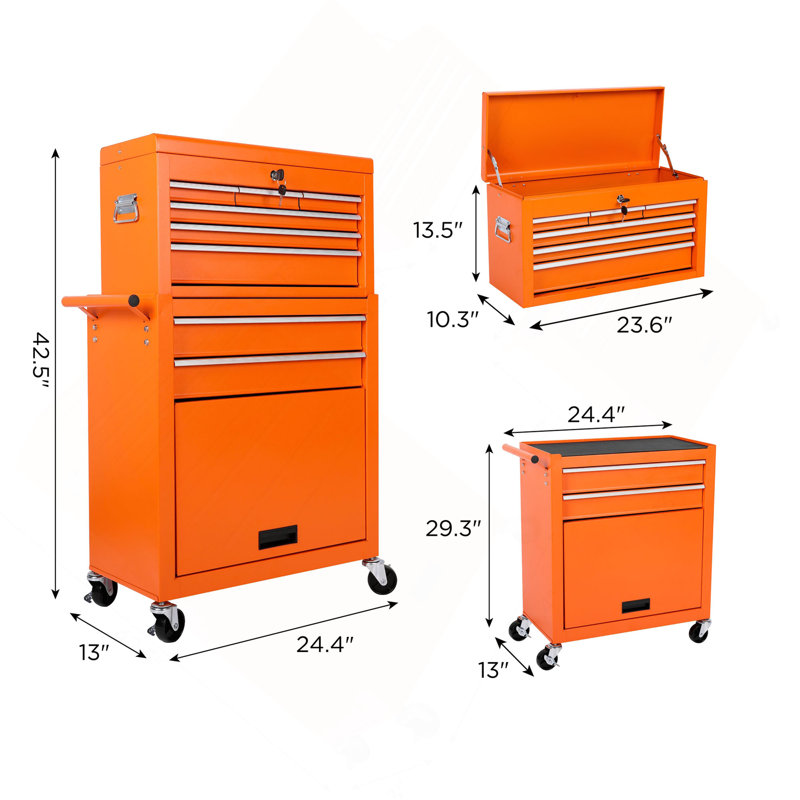 Coffre à outils, armoire de rangement à outils à 8 tiroirs avec coffre à outils amovible 2 en 1, doublure, roues verrouillables, crochets latéraux, chariot à outils en métal pour le garage