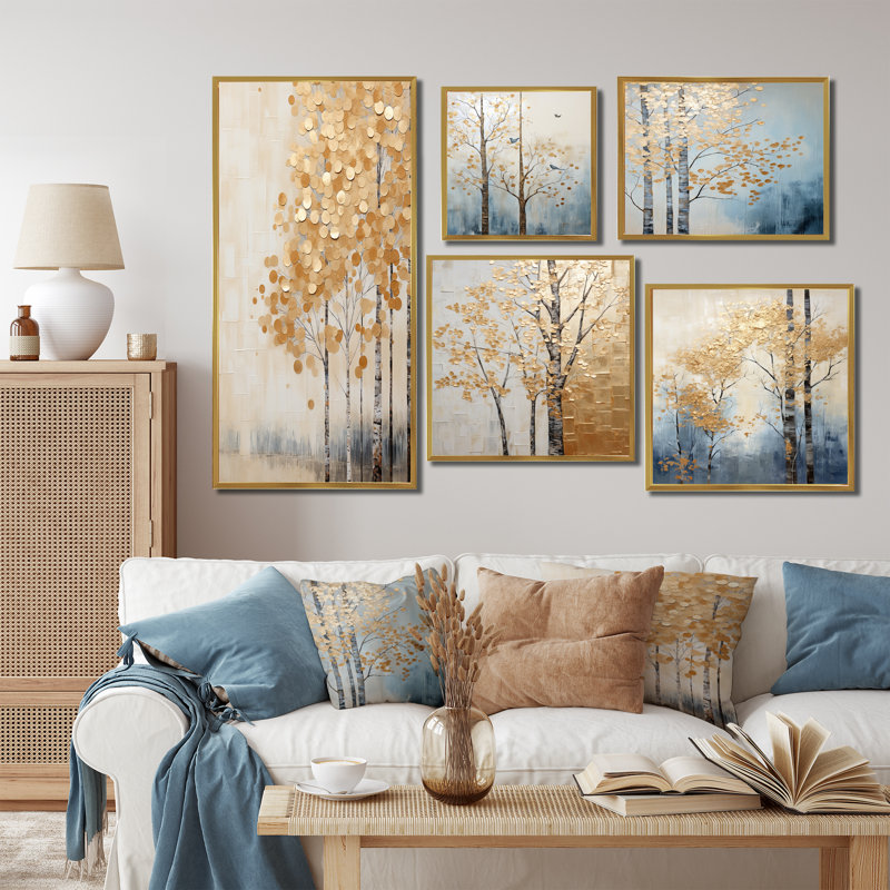 Minimalisme Golden Trees Harmony III - Ensemble de 5 reproductions d'art mural Trees, Cadre flottant doré