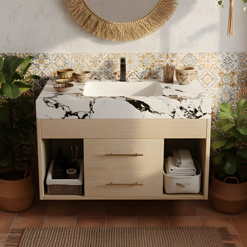 Meuble-lavabo mural avec lavabo en céramique frittée, Bois