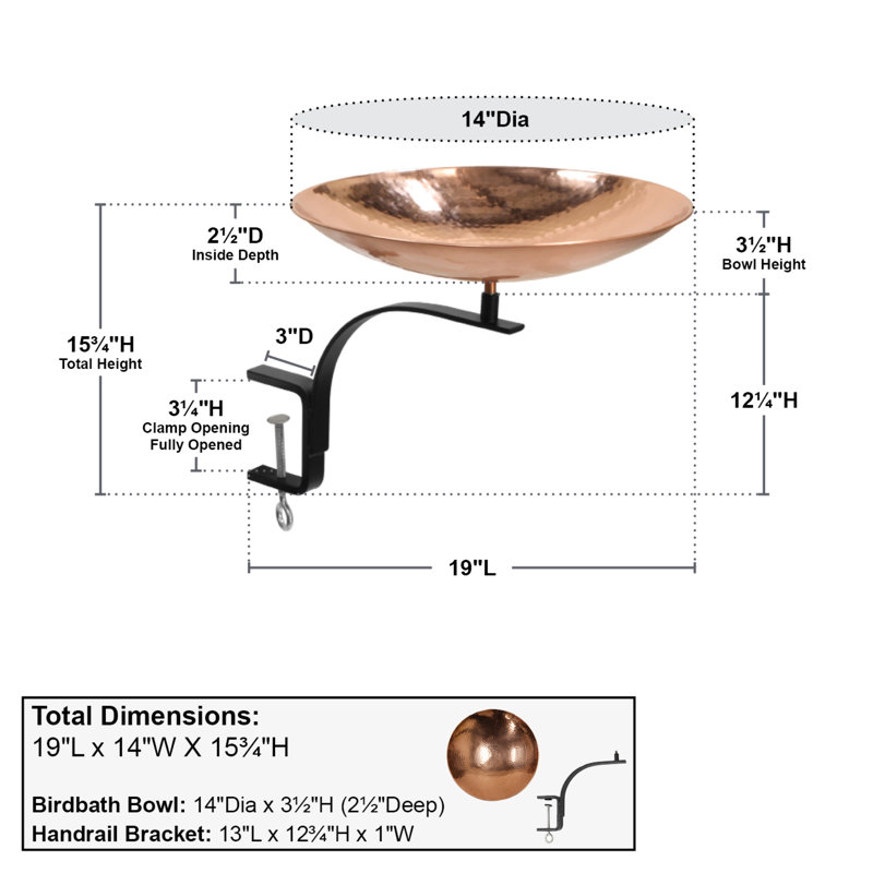 15" Polished Copper Rail-Mounted Birdbath with Wrought Iron Bracket