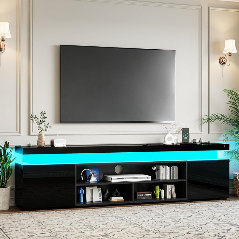 87.4'' Tv Stand For 100 Inch Tv, Modern Entertainment Centers With Led Lights, High Gloss Tv Cabinet W/power Outlet, Storage Open Shelves, Black