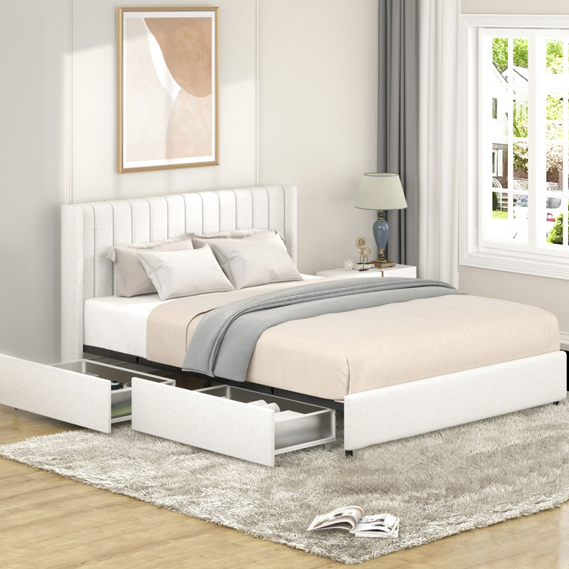 Grand lit contemporain avec système de tiroirs et structure en métal de taille transitionnelle avec support à lattes en bois