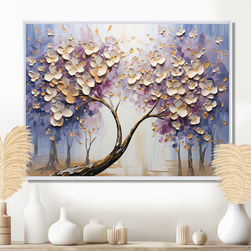 Arbre en fleurs avec fleurs blanches I, Cadre flottant blanc, bois massif, H 24 po x l 32 po