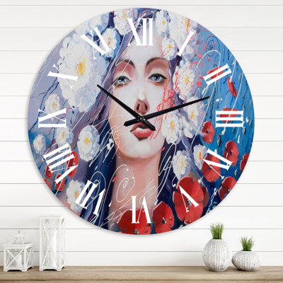 Portrait d'une jeune femme avec des fleurs rouges et blanches - Horloge murale traditionnelle