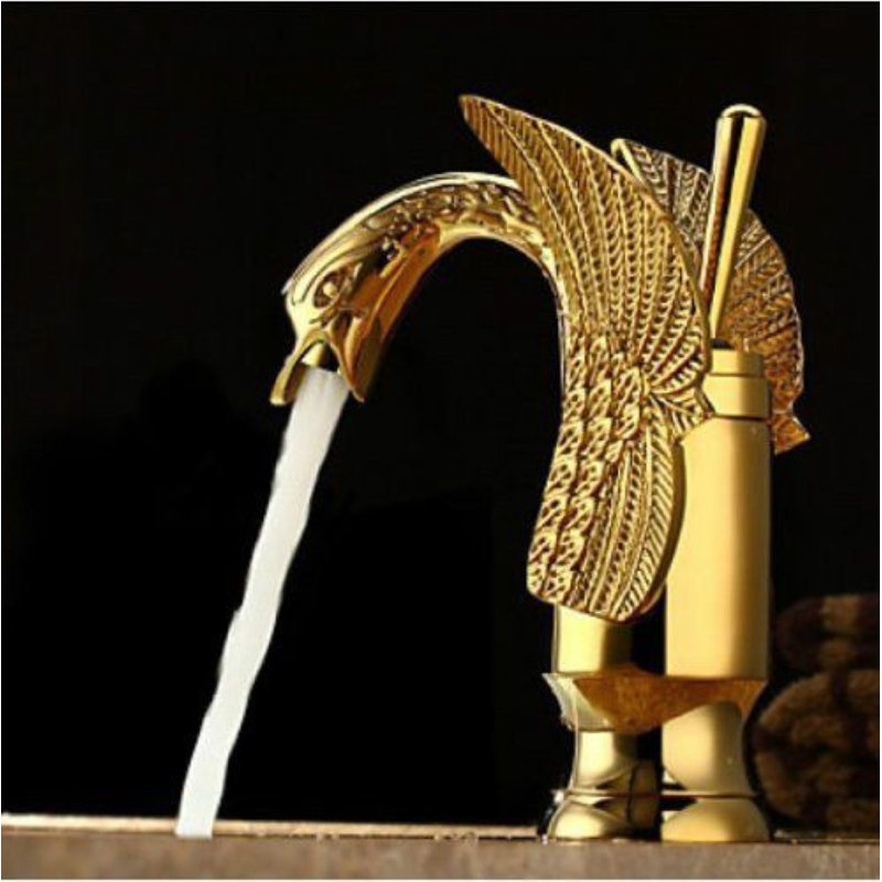 Robinet de lavabo de salle de bain en forme de cygne à finition dorée - Robinet mélangeur à vasque en laiton de Juno