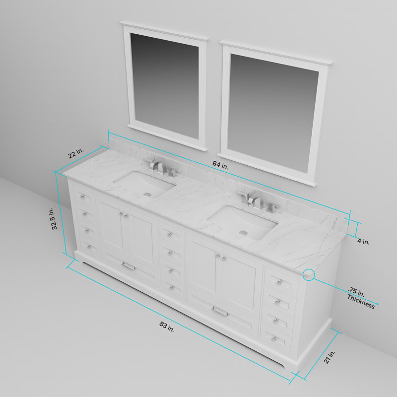 Dukes 84" Double Bathroom Vanity Set, White, White Quartz