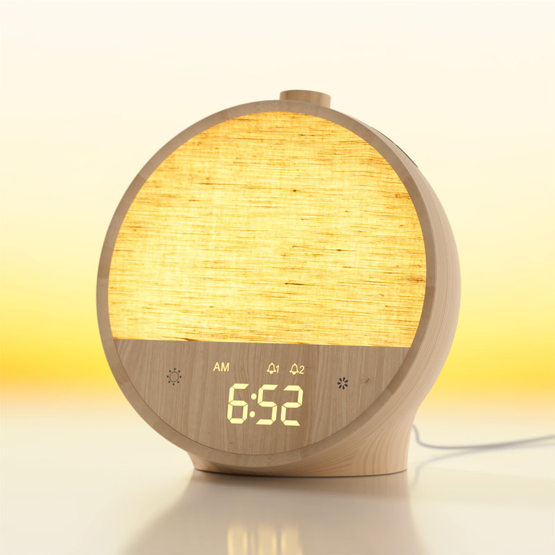 Réveille-matin Sunrise avec lumière de réveil douce, double alarme, 10 sons naturels et lampe d'humeur RVB, Grain du bois