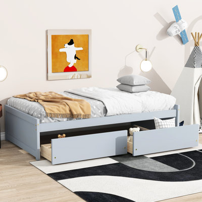 Lit simple, 2 tiroirs, bois d'hévéa massif gris, mouvement de tiroir silencieux, meubles de chambre à coucher à faible encombrement gris bois, esthétique moderne, fonction de déplacement en douceur