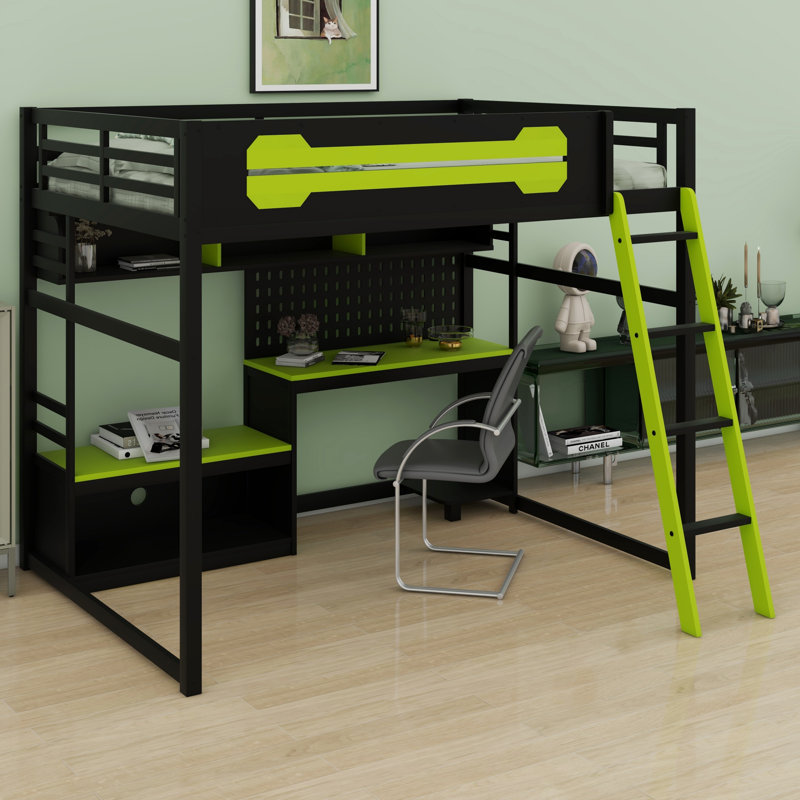 Lit mezzanine en bois avec bureau intégré, tablettes de rangement, lumières DEL, ports de chargement USB et panneau perforé