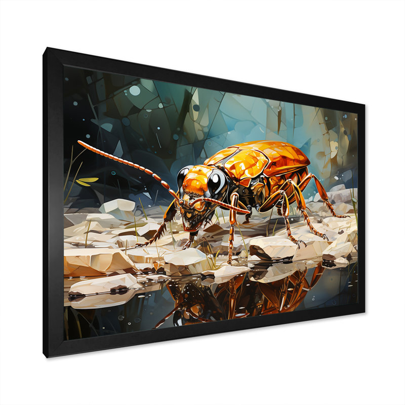 Art Deco Forager Gold Ant sur toile, Cadre simple noir, H 24 po x l 32 po x P 1 po