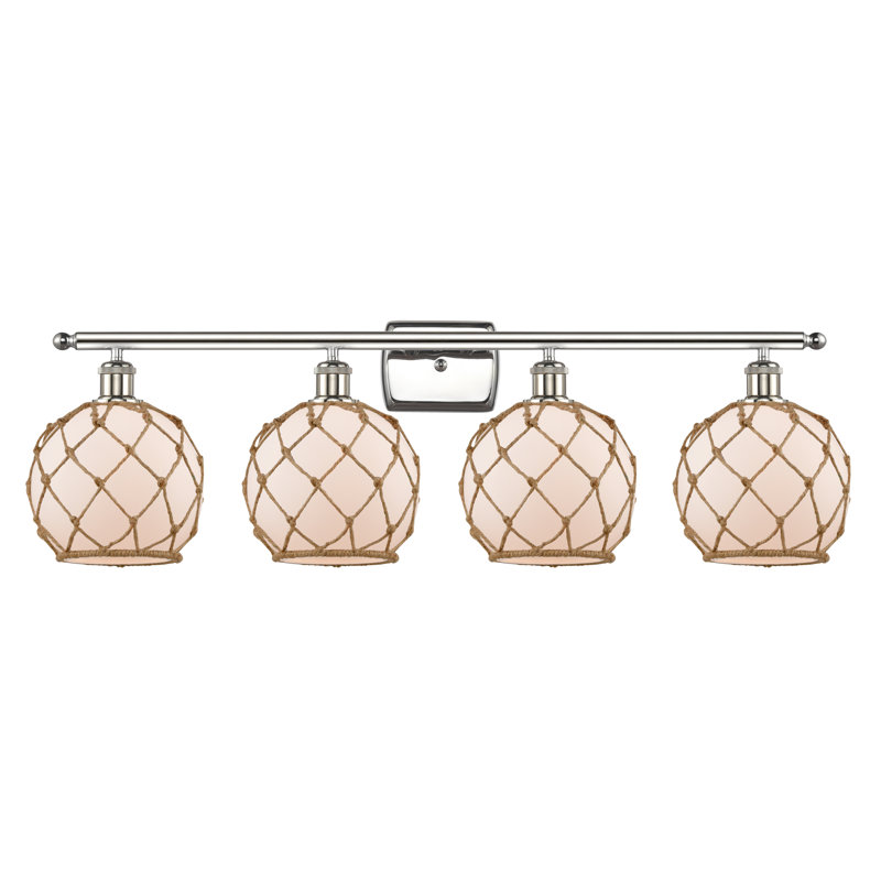 Éclairage de salle de bain à intensité variable 4 lumières Larochelle Farmhouse Rope, Blanc / Brun, Nickel poli