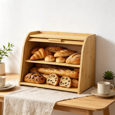 Bamboo Bread Box for Kitchen Countertop, Double-Layer Roll-Top Bread Container with Large Capacity, Farmhouse Bread Holder for Homemade Bread and Bakery Storage