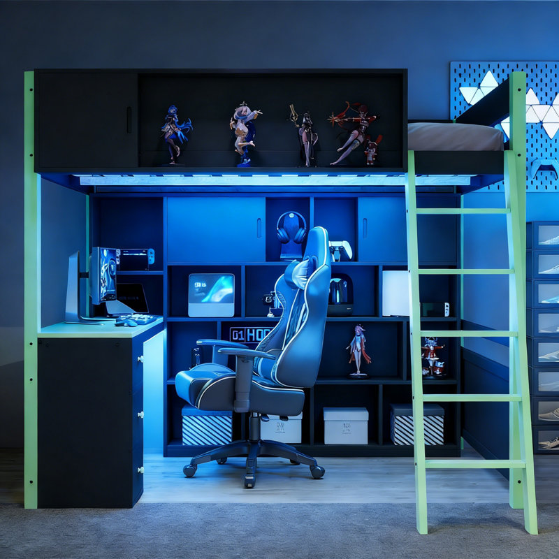 Lit mezzanine double en bois avec bureau, grand espace de rangement et lumière, Vert