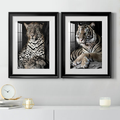 African Leopard - Matted and Framed Under Acrylic Glass, Set of 2, Large Living Room Wall Art