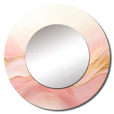Rimantas Gold And Pink Soft Wave Fusion II - Abstract Shapes Decorative Wall Mirror, Beige Large Round Mirror, Printed Metal Art