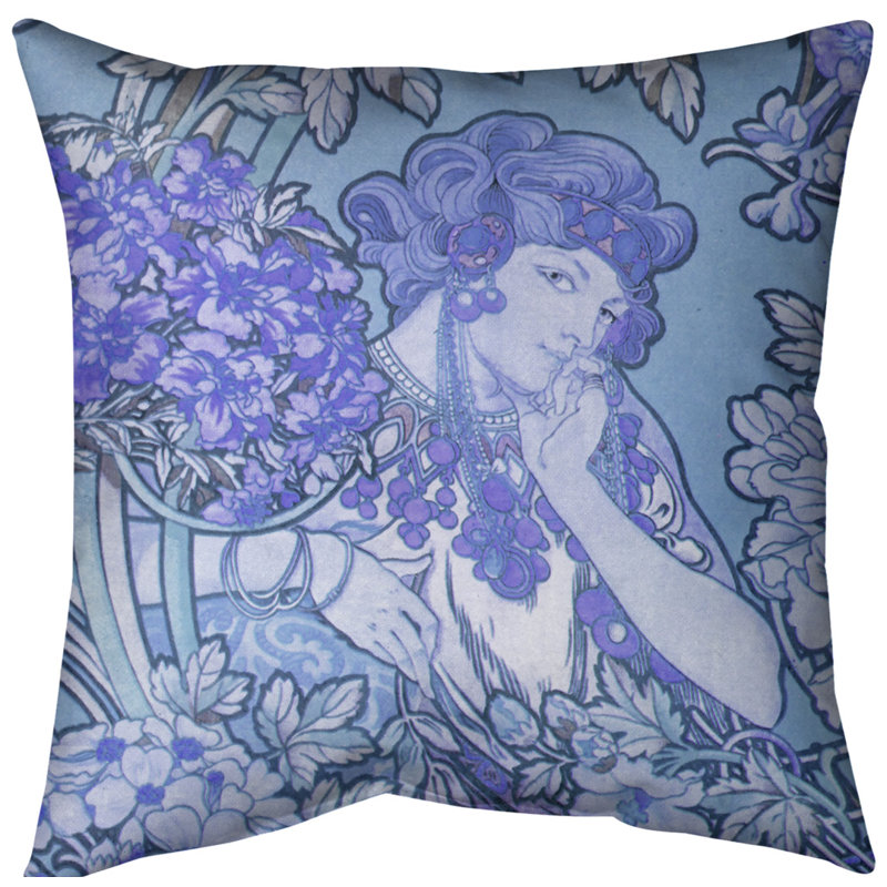Coussin alphonse mucha femme entre les fleurs, Bleu, Faux lin