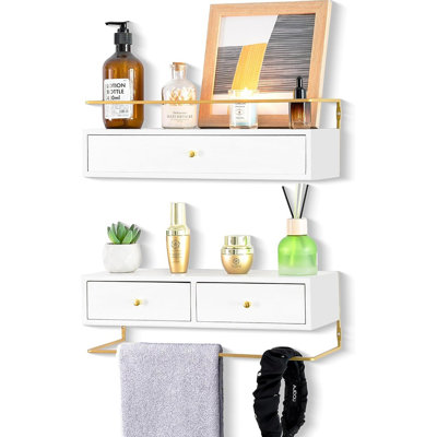 Floating Shelves With Drawers, Set Of 2 Wall-Mounted Rustic Wood Storage Shelves For Bathroom, Kitchen & Living Room