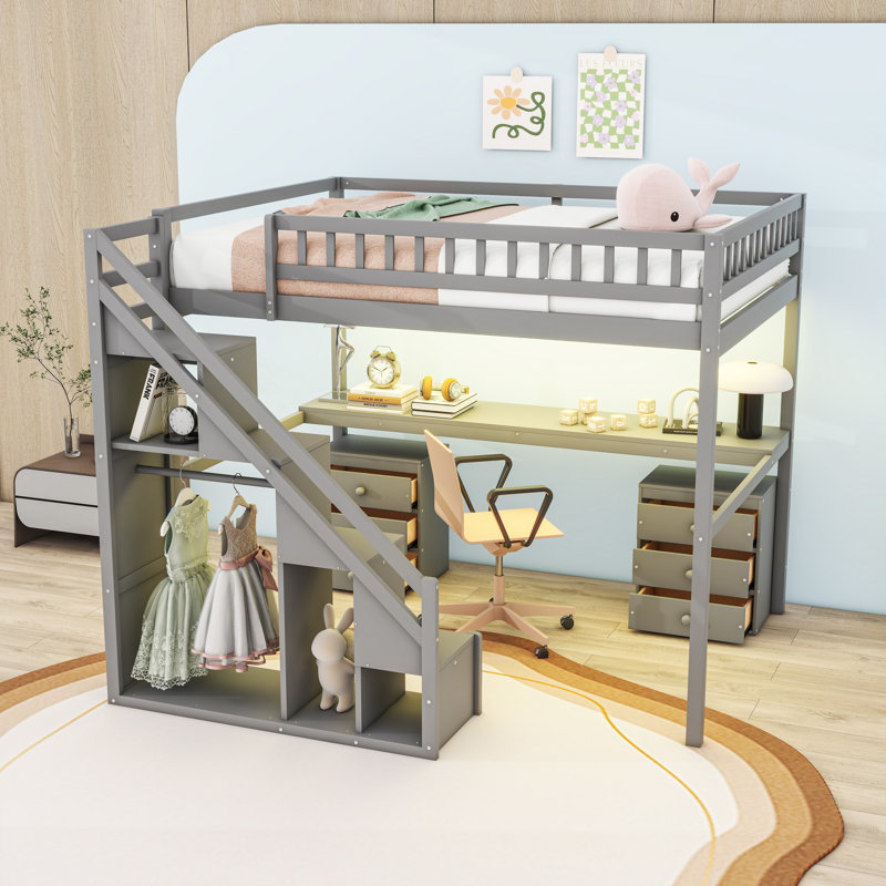 Lit mezzanine en bois avec bureau, lumière DEL, tiroirs de rangement et escalier, gris, Double