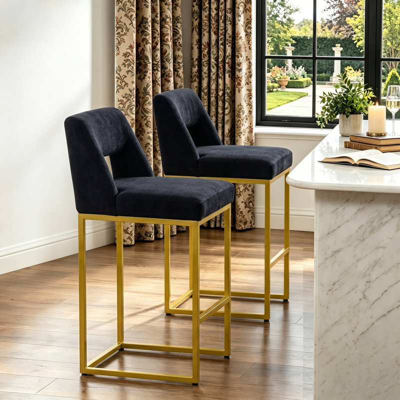 26" Upholstered Counter Barstool With Low Back And Metal Frame Modern Kitchen Island Seating, Black Seat/ Gold Frame