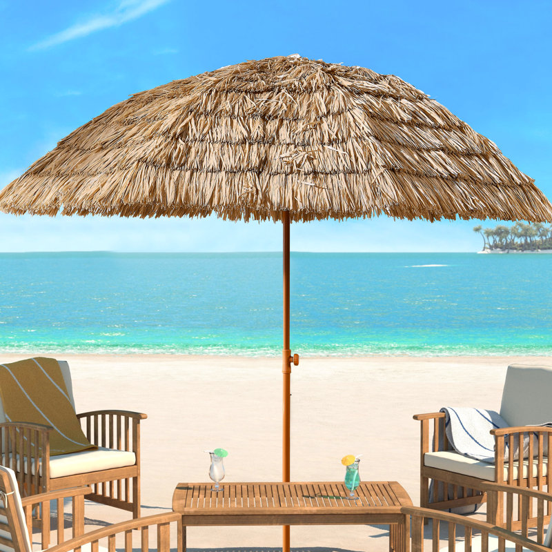 Parasol de patio en demi-cercle brun de 8 pi avec fonction d'inclinaison pour le suivi du soleil en paille hawaïenne, mécanisme idéal pour les pique-niques et les pelouses