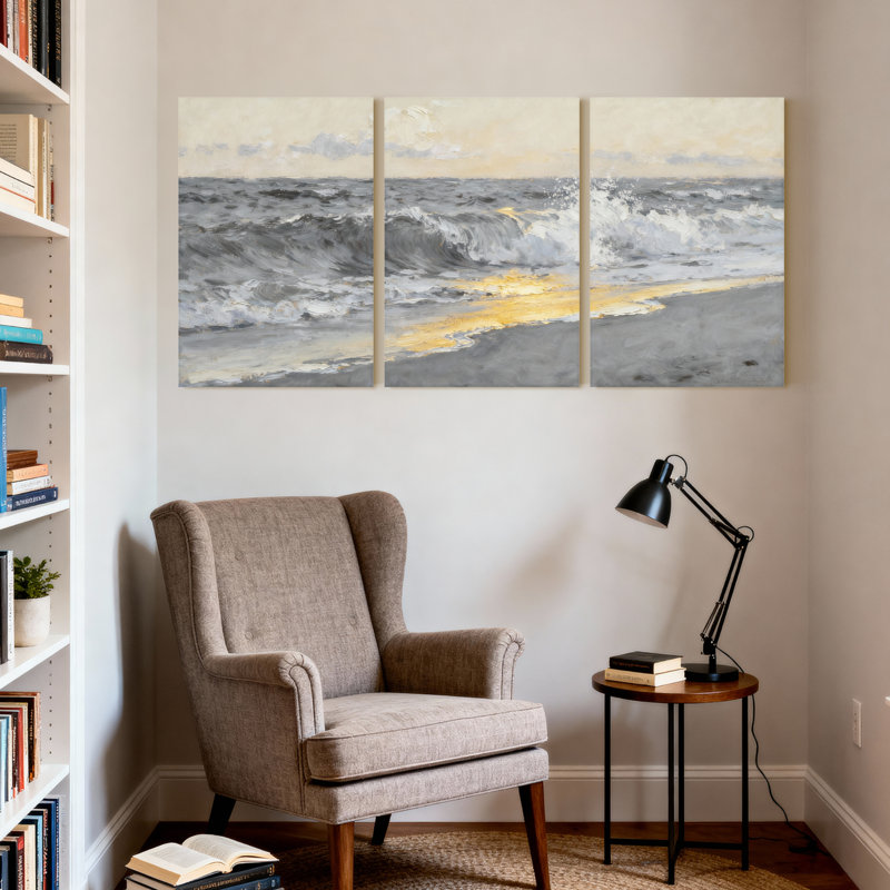 Ensemble de 3 tableaux muraux imprimés « Vagues de l'océan au coucher du soleil », H 18 po x l 36 po