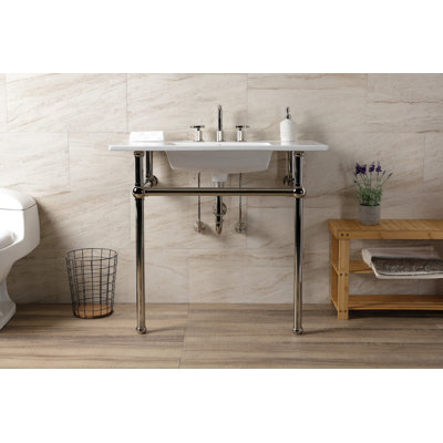 Évier de console Kingston KVBH37227W8BB Addington 37 po avec pieds en laiton (8 pouces, 3 trous), blanc / laiton brossé Kingston