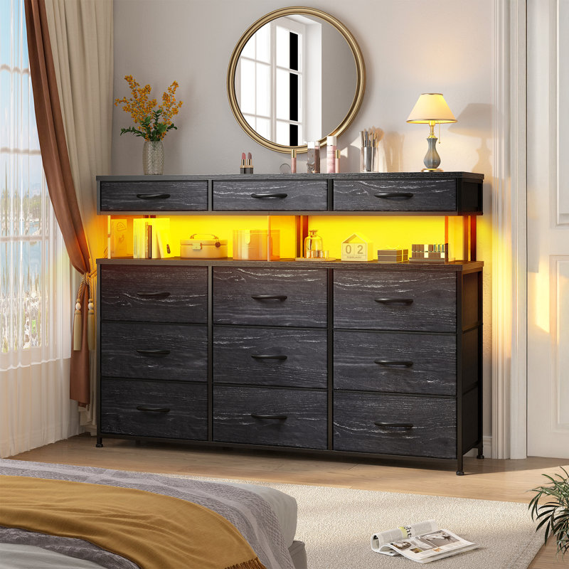 Dresser For Bedroom With 12 Drawers, Dressers With Led Light, Charging Station And Acrylic Sheet, Black