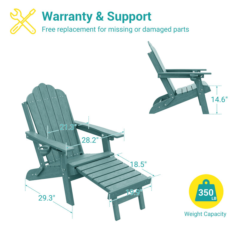 Chaise pliante Adirondack avec repose-pieds rétractable et porte-gobelet, chaise longue d'extérieur en PEHD, Bleu lac